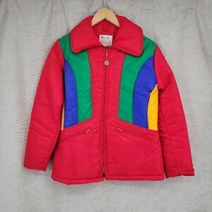 Weather Tamer 70s 80s Red Rainbow Stripe Puffer Ski Jacket Colorful Colorblock